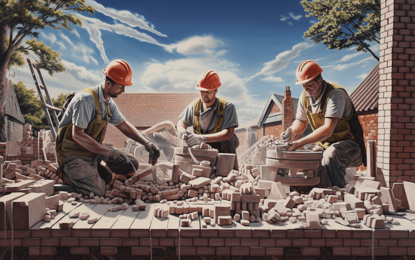 a couple of builders laying bricks