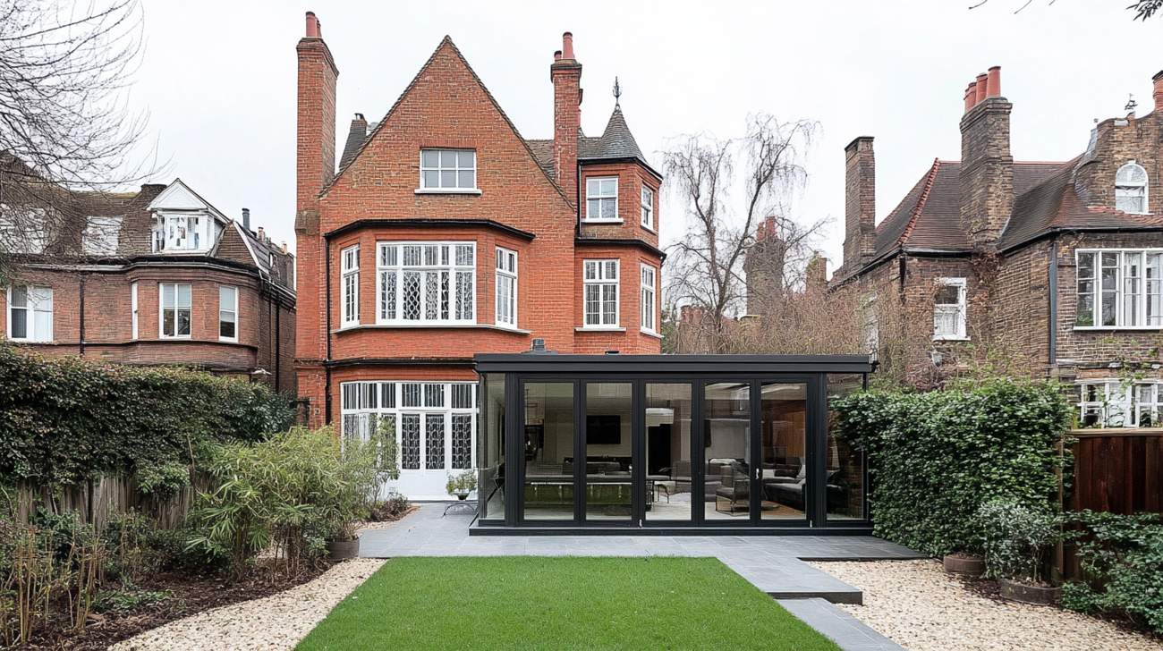 Modern house design with rear extension in greenery.