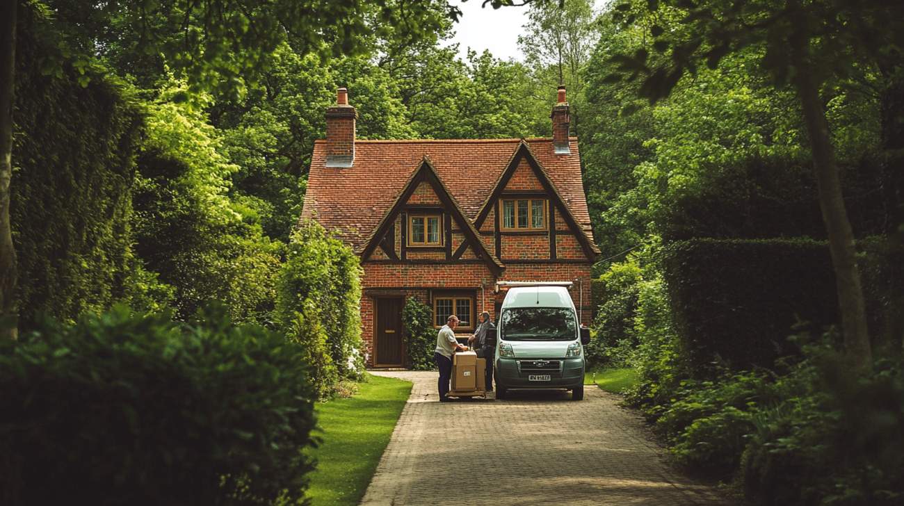 Green, peaceful countryside setting whiles men loading a van