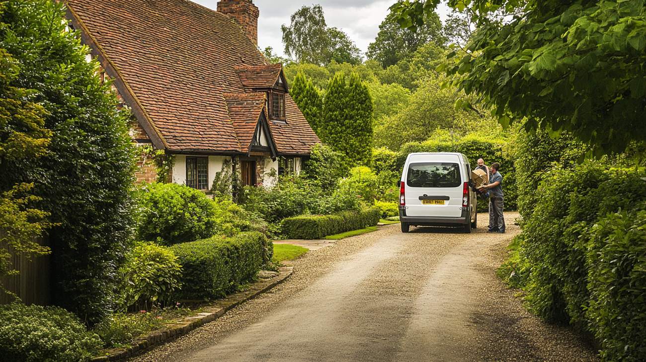Professionals carrying furniture out of a countryside house