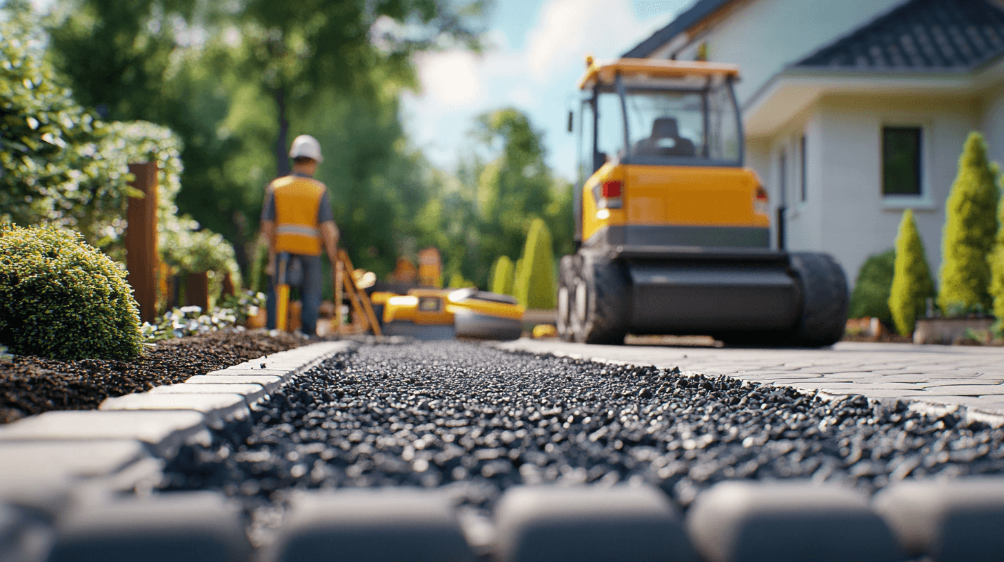 Construction workers laying paving stones for a new driveway project.