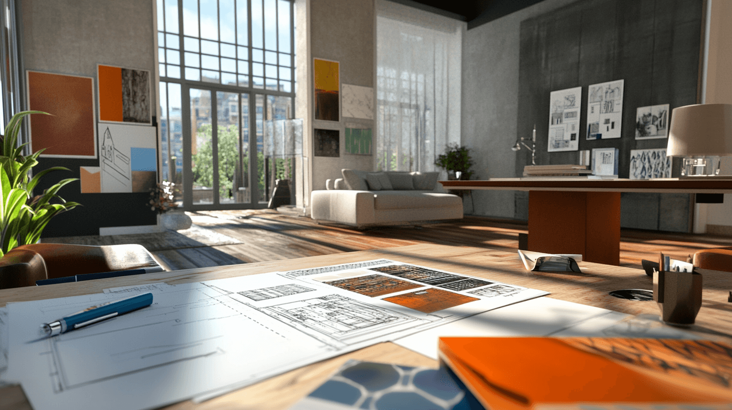 Creative interior design consultation with mood boards and fabric samples.