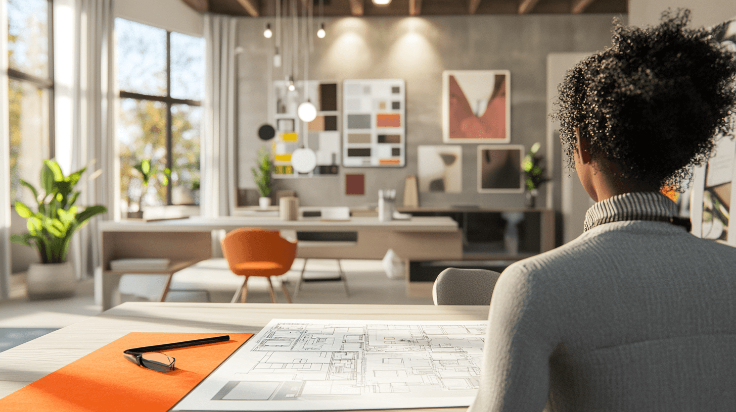 Designer workspace featuring sample boards and various design concepts.