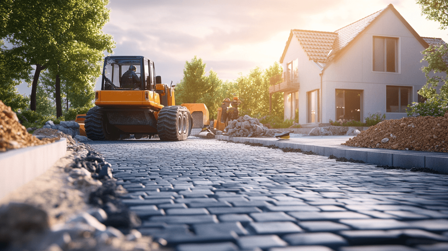Heavy machinery paving a residential driveway with construction workers in the background