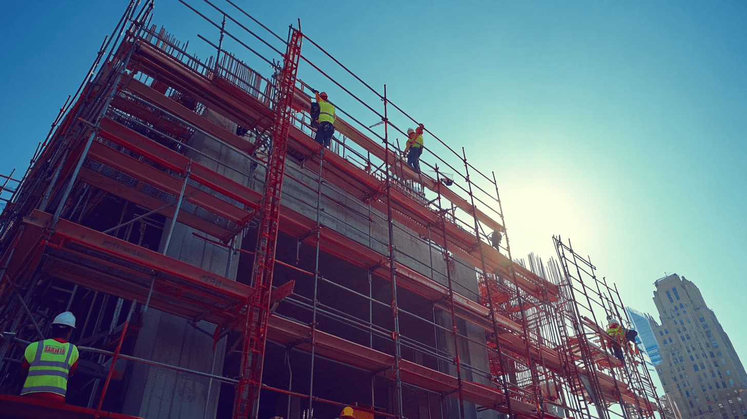 A scaffolding team working on a commercial building's safe and secure scaffolding structure.