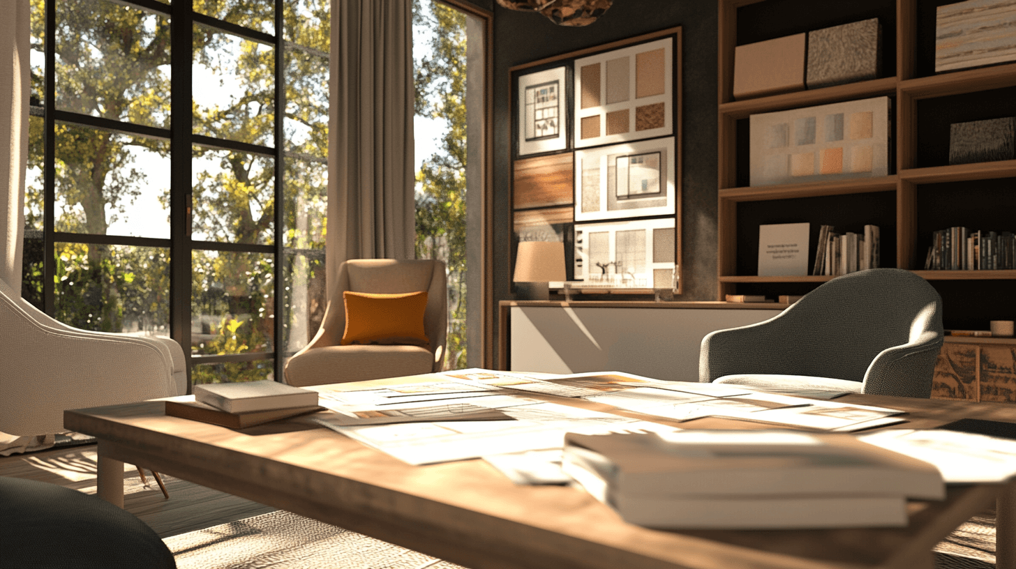 Creative interior design consultation with mood boards and fabric samples.