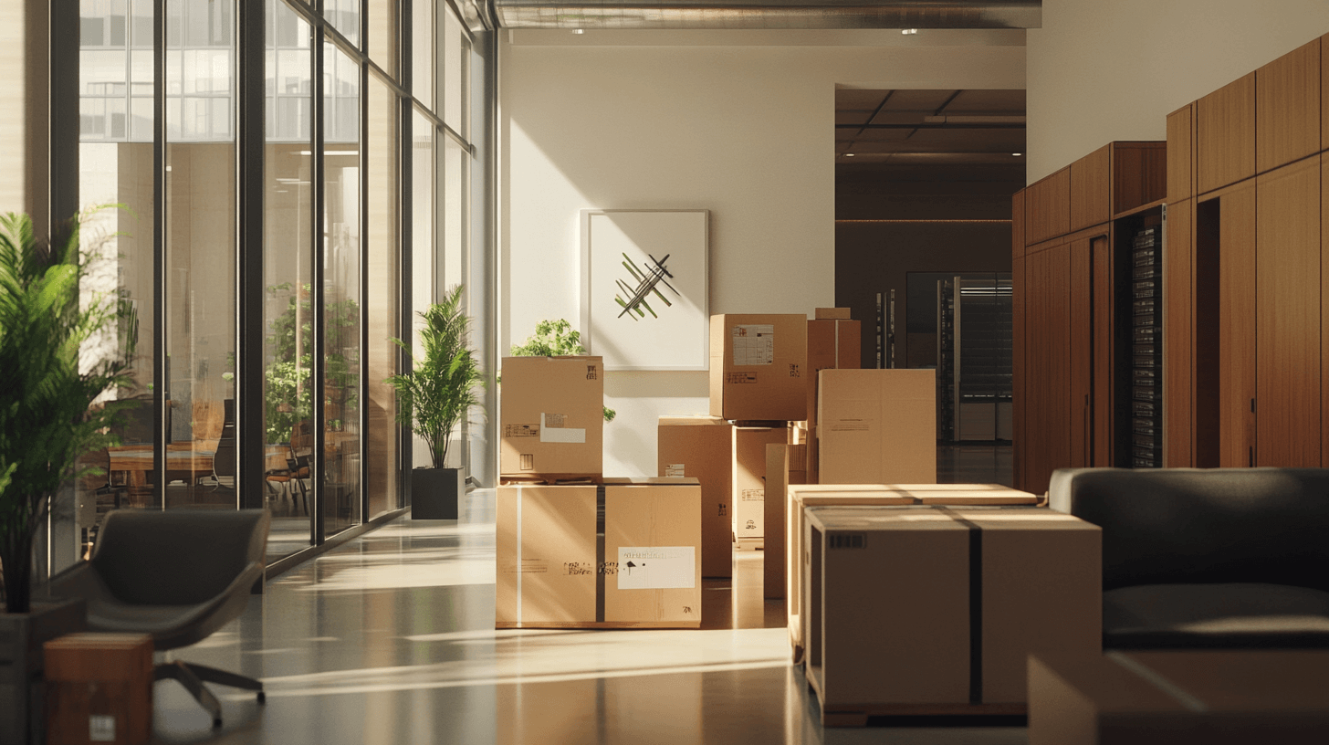 Moving team handling office furniture and server racks during a business relocation.