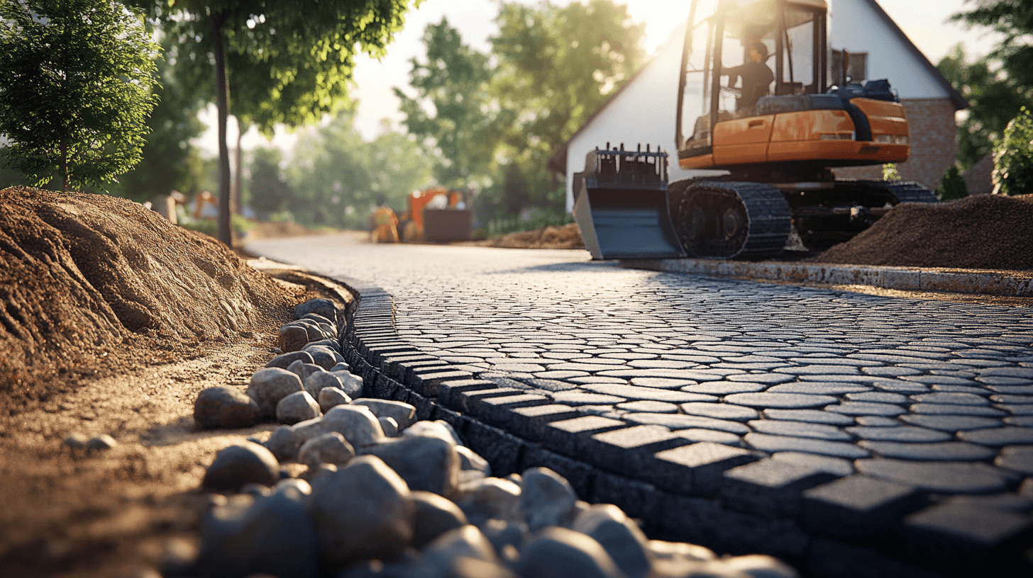A residential driveway construction project featuring professional paving equipment.