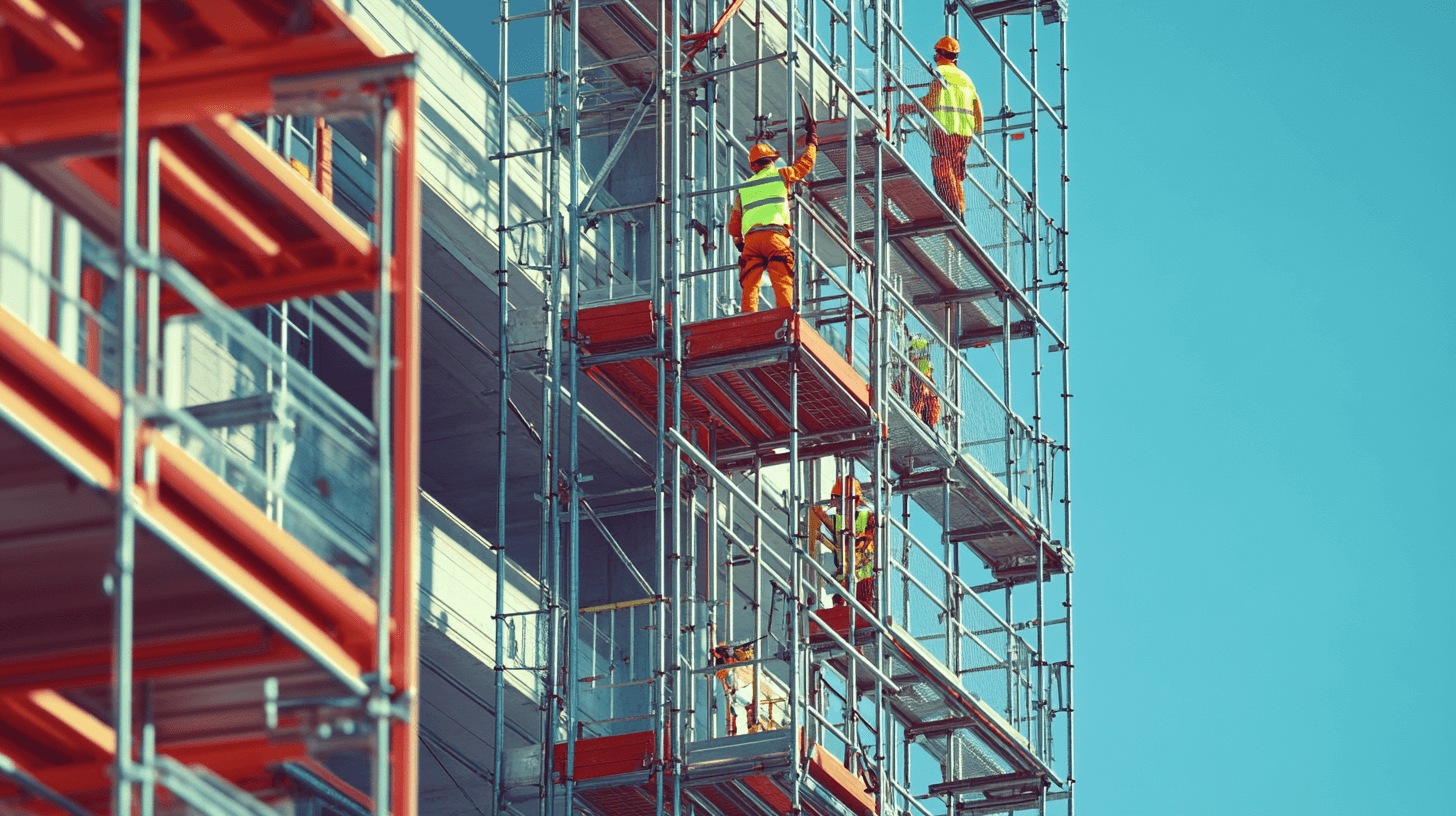 Workers setting up scaffolding under clear skies for a residential building project.